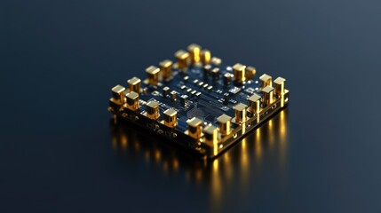 Poster - Golden quantum computing system on a dark navy background, representing cutting-edge data processing.