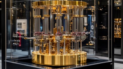 Poster - Golden superconducting quantum computer structure against a bold black-and-gold gradient background.