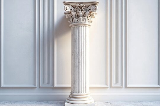 Classical white marble column in minimalistic setting with intricate capital details and soft natural lighting