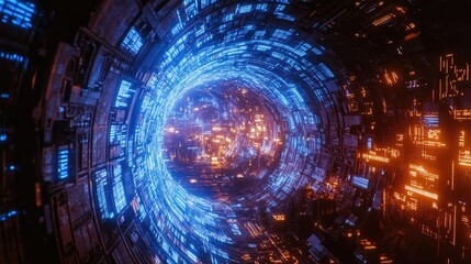 Poster - High-tech quantum core with glowing blue lights on a futuristic metallic silver background.