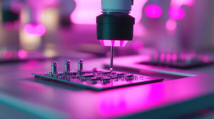 Poster - Highly synchronized robotic arms assembling intricate circuit boards in a sterile, glowing environment.