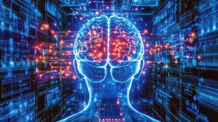 Poster - Holographic brain with artificial neural circuits transferring information to a futuristic CPU.
