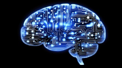 Poster - Holographic brain with artificial neural circuits transferring information to a futuristic CPU.