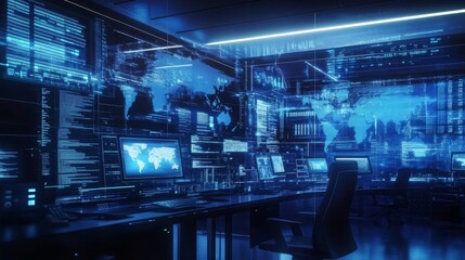 Poster - In a futuristic control room, analysts monitor complex data streams on hightech dashboards with heat maps, gaining insights into metrics and trends, all illuminated by mesmerizing blue lights