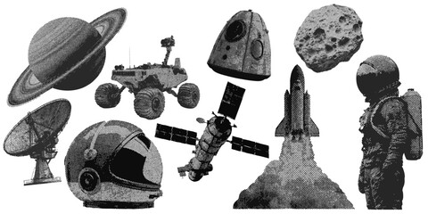 Poster - Set of outer space halftone grunge vector design elements