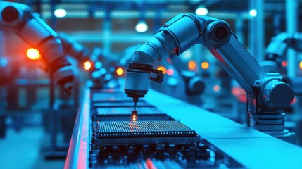 Poster - Multiple robotic arms assembling PCBs on a modern assembly line, illuminated by cool-toned futuristic lighting.