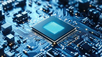 Poster - Quantum entanglement-inspired chip design floating on a futuristic metallic silver-blue background.
