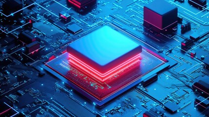 Poster - Quantum entanglement concept represented by a glowing processor on a solid neon blue background.