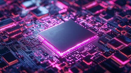 Poster - Quantum processor chip floating against a vibrant purple background, showcasing advanced computing technology.