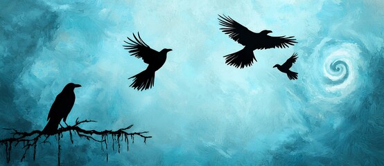 Poster - Three Crows in Flight Against a Teal Watercolor Sky