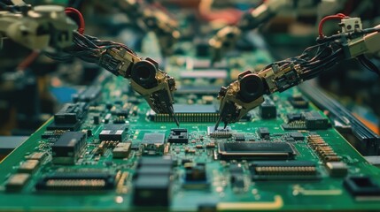 Poster - Seamless electronics manufacturing process with synchronized robotic arms assembling PCBs.