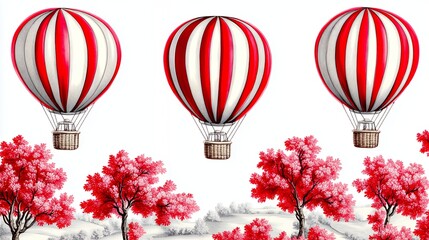 Poster - Three Red and White Striped Hot Air Balloons Soaring Over Red Trees