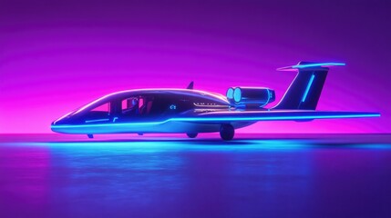 Poster - Sleek autonomous flying taxi with neon blue lights on a vibrant purple background, showcasing future transportation.