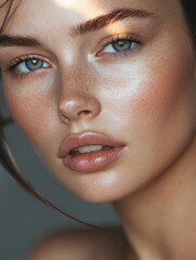 Poster - Close up portrait of a woman with radiant skin and captivating blue eyes in soft natural light. Generative AI