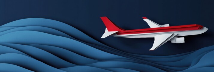 Poster - Model airplane flying over stylized waves in deep blue background with vibrant red accents and smooth curves. Generative AI
