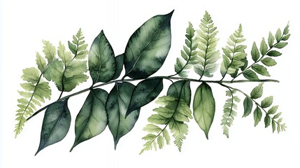Poster - Watercolor Branch With Green Leaves And Ferns On White