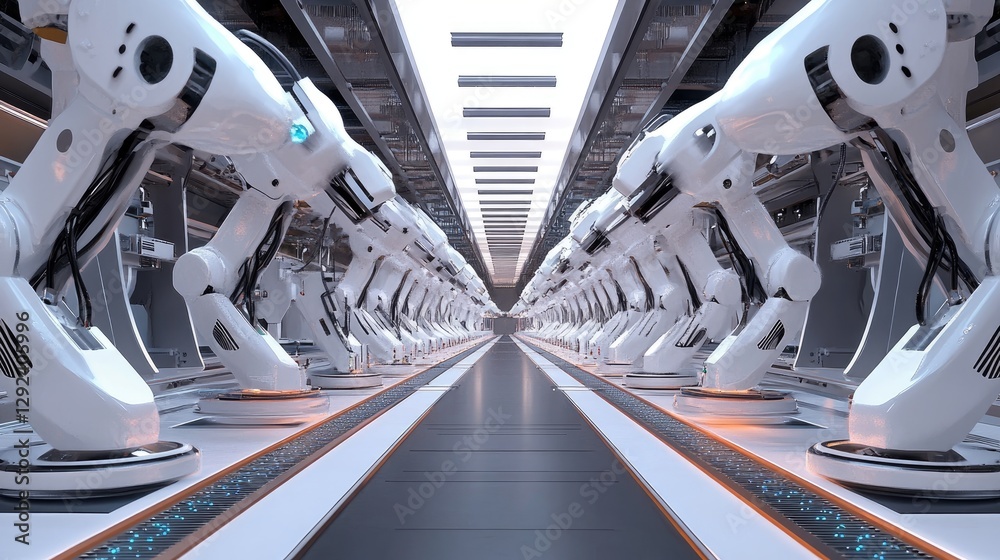 Synchronized robotic arms assembling high-tech circuit boards in a ...