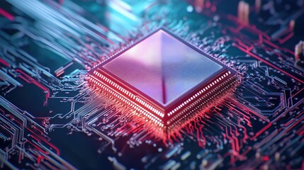 Poster - Superconductor quantum chip with delicate wiring on a deep navy-to-teal gradient background.