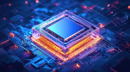 Poster - Superconductor quantum chip with delicate wiring on a deep navy-to-teal gradient background.