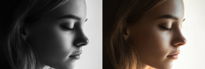 Poster - Mood transformation captured, showing a shift from sadness in grayscale to brightness and tranquility in color. Generative AI