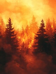 Poster - Forest engulfed in flames with smoke billowing against warm toned sky. Generative AI