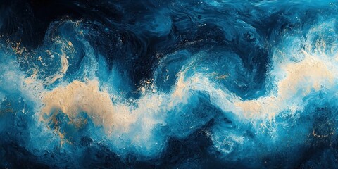 Wall Mural - Abstract Painting Waves of Dark Navy and Warm Beige Fluid Motion Modern Impressionism