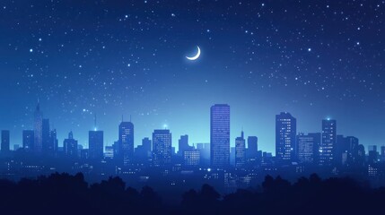 Wall Mural - Vibrant city skyline illuminated by lights under a starlit night sky in a bustling urban environment. Generative AI