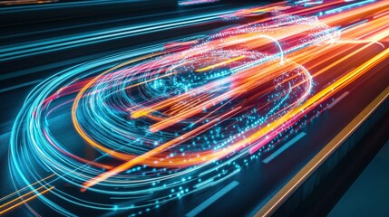 Poster - Car driving through tunnel with light trails on a night highway showcasing colorful light effects