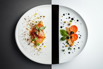 Poster - Elegant restaurant dish showcasing salmon and colorful vegetables on a divided plate with artistic presentation. Generative AI