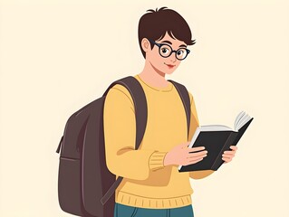 Wall Mural - Illustration Young Student with Glasses and Books Silhouette Design