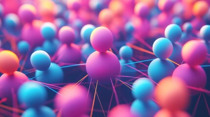 Fototapete - Colorful 3D avatars interconnected by glowing network lines create a vibrant digital social media environment. Generative AI