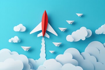 Aufkleber - Red and white airplane leads smaller paper planes in a vibrant blue sky, showcasing leadership and direction in flight patterns. Generative AI