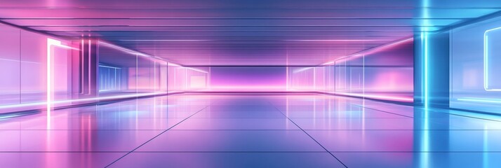 Poster - Bright neon lights illuminate an empty futuristic corridor with polished floors in a modern interior design. Generative AI
