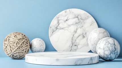 Poster - Close-up of marble easter eggs on a minimalistic white marble podium for festive decoration