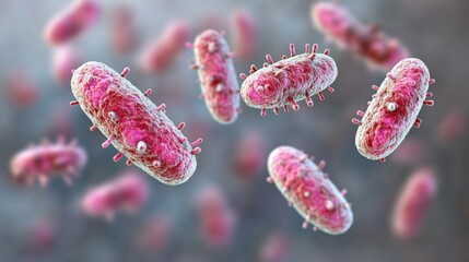 Poster - Close up view of pink viruses and bacteria cells illustrating biology and scientific research concepts