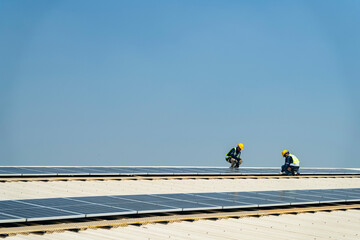 Wall Mural - two engineers install solar panels on a rooftop, wearing safety gear and helmets. the scene showcase