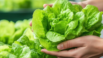 Wall Mural - Fresh Organic Lettuce in Hands with Green Leaves for Healthy Eating