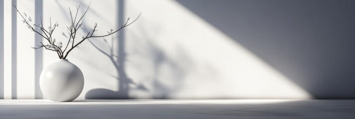 Aufkleber - Minimalist vase with branches in a sunlit room casting interesting shadows on the wall. Generative AI