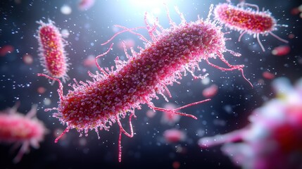 Poster - Close up of a cell with blood and probiotics bacteria in a biological science setting
