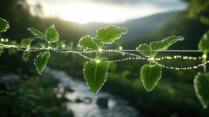 Poster - Close up of a leaf with water droplets and microscopic view of probiotics bacteria in biology science