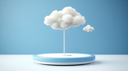 Poster - White cloud floating on blue podium with background sky for product display and promotional purposes
