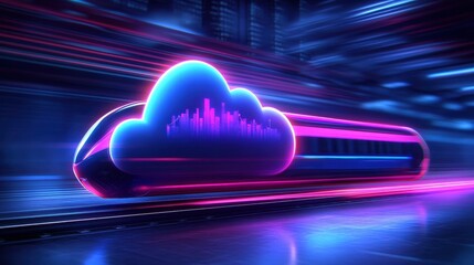 Poster - Futuristic train surrounded by neon lights with cloud computing in a bustling cityscape background