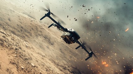 Tactical drone in a war zone, precision aerial surveillance mission