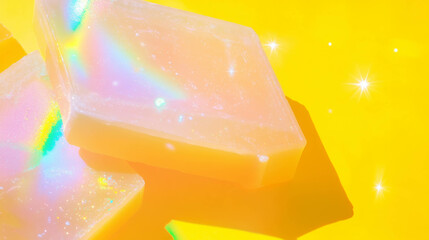 Poster - Vibrant yellow background with soap reflecting rainbow streaks and facets