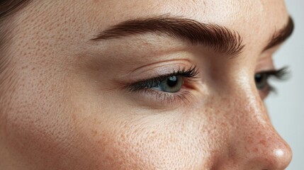 Fototapete - Close up view of womans face showing contrasting skin textures for cosmetic research. Generative AI