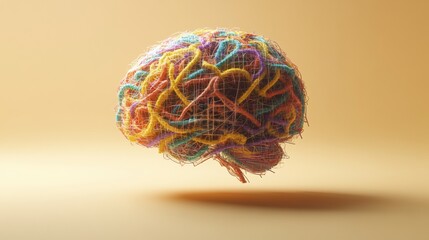 Poster - Colorful yarn brain sculpture representing human creativity and imagination in an artistic display