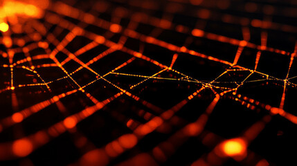 Poster - Enchanting spiderweb illuminated by fiery glow in mysterious night setting