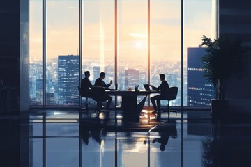 Poster - Business meeting at sunset in modern office overlooking city skyline. Generative AI
