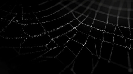 Poster - Spiderweb with water droplets on black background - nature texture and intricate design