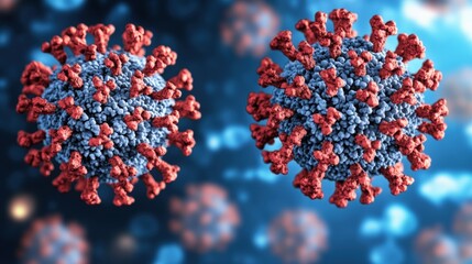 Poster - Close up view of red and blue virus cells under microscope showing detailed structure and features